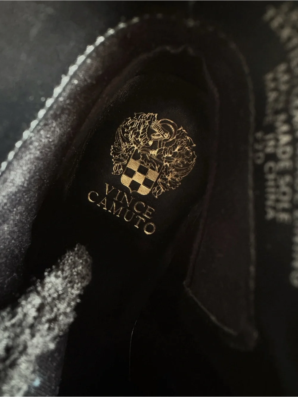 Sz 9.5 Vince Camuto Destonny Cozy Gold Buckle Block Heel Fur Bootie EUC